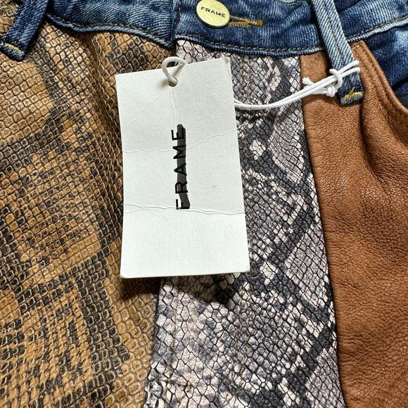 Frame NWT Le Mini Boot Snakeskin Leather Patchwork Front Jeans Size 25 Mid Rise - Picture 6 of 12
